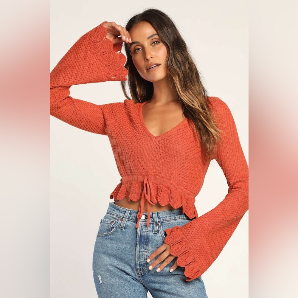 LULUS Total Frills Rust Orange Knit Drawstring Cropped Sweater Top Small